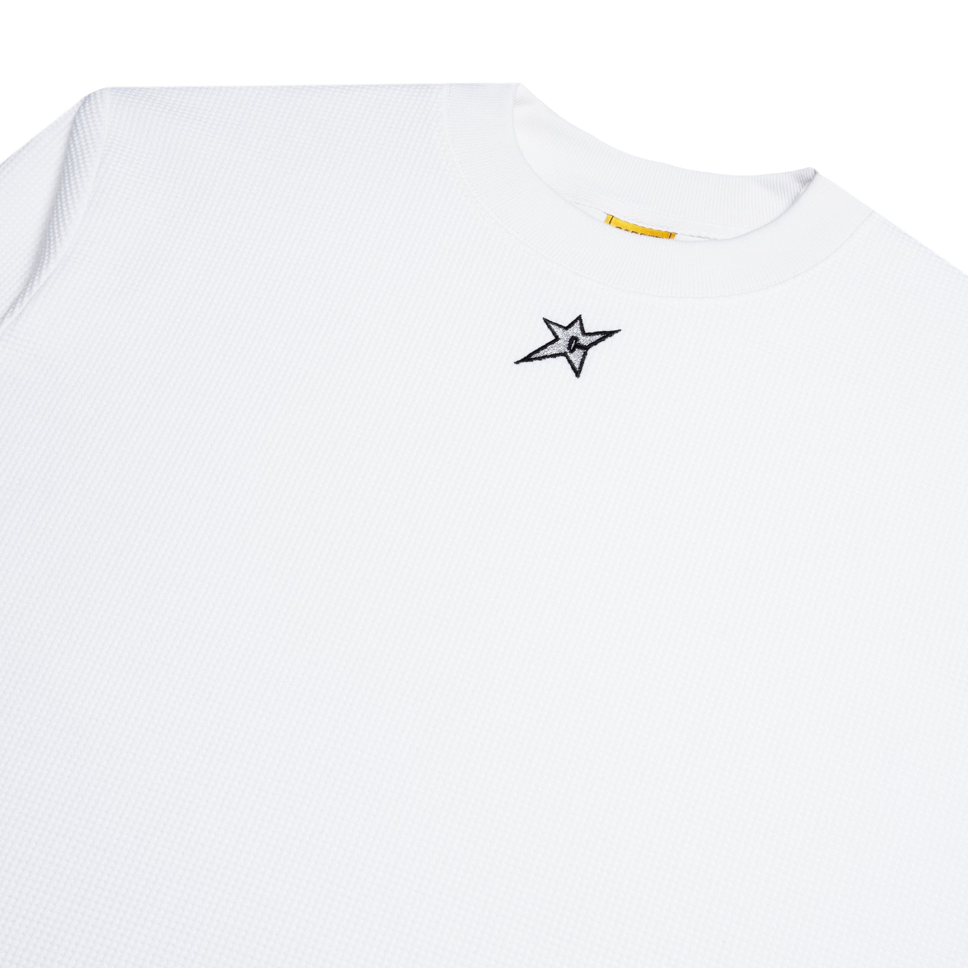 White t-shirt with a black star logo on a white background