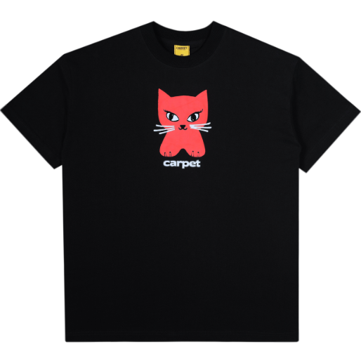Black t-shirt with a red cat graphic and 'carpet' text on a white background