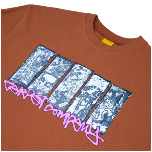 Brown t-shirt with graphic design and text on a white background