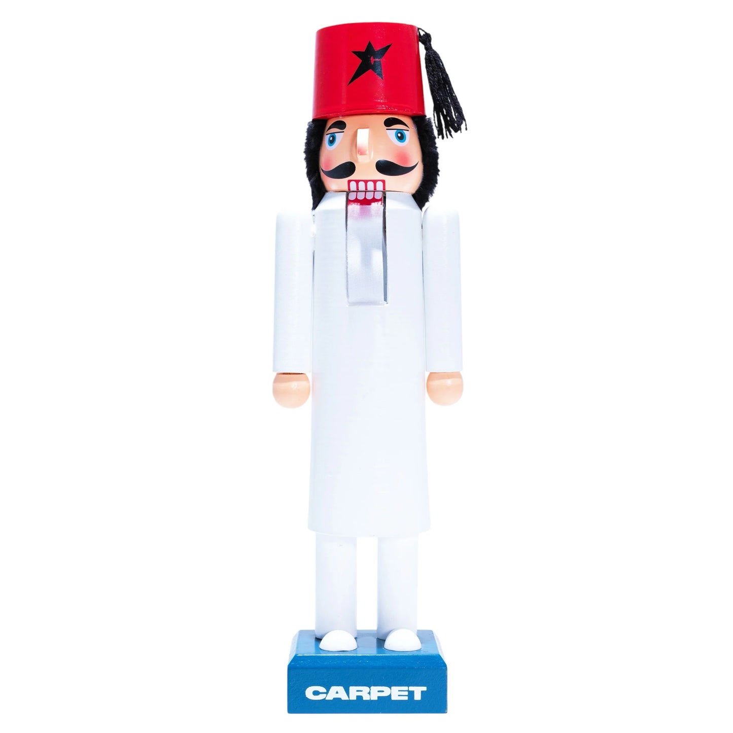 Nutcracker figure with a red hat and white outfit on a white background