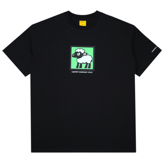 Black t-shirt with a green square logo featuring a sheep on a white background