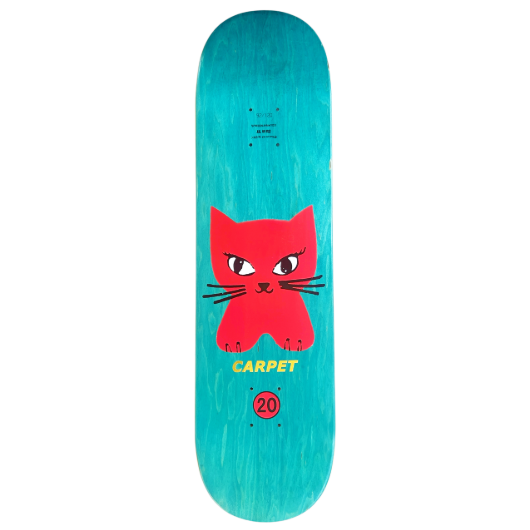 Skateboard deck with a red cat design on a turquoise background