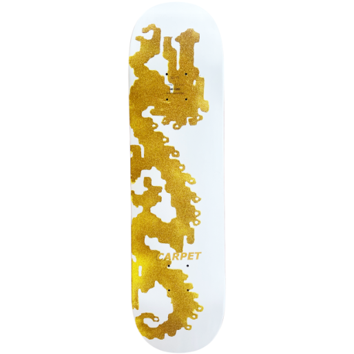 Skateboard deck with gold abstract pattern on a white background