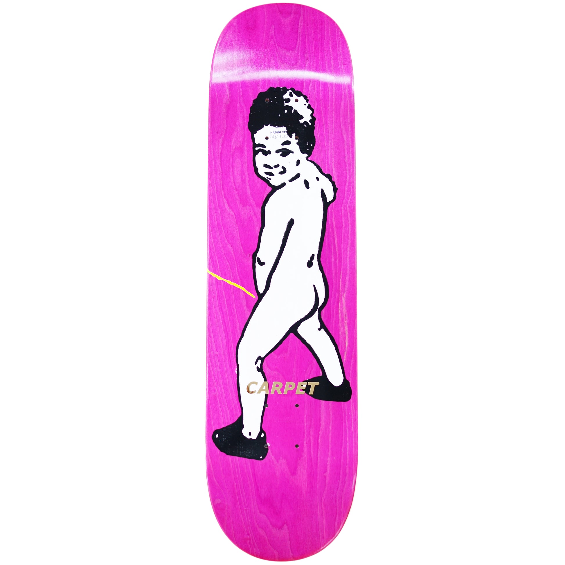 Pink skateboard deck with a black and white graphic of a person and the brand 'Carpet' on a white background
