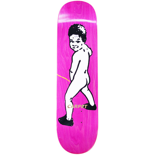 Pink skateboard deck with a black and white graphic of a person and the brand 'Carpet' on a white background