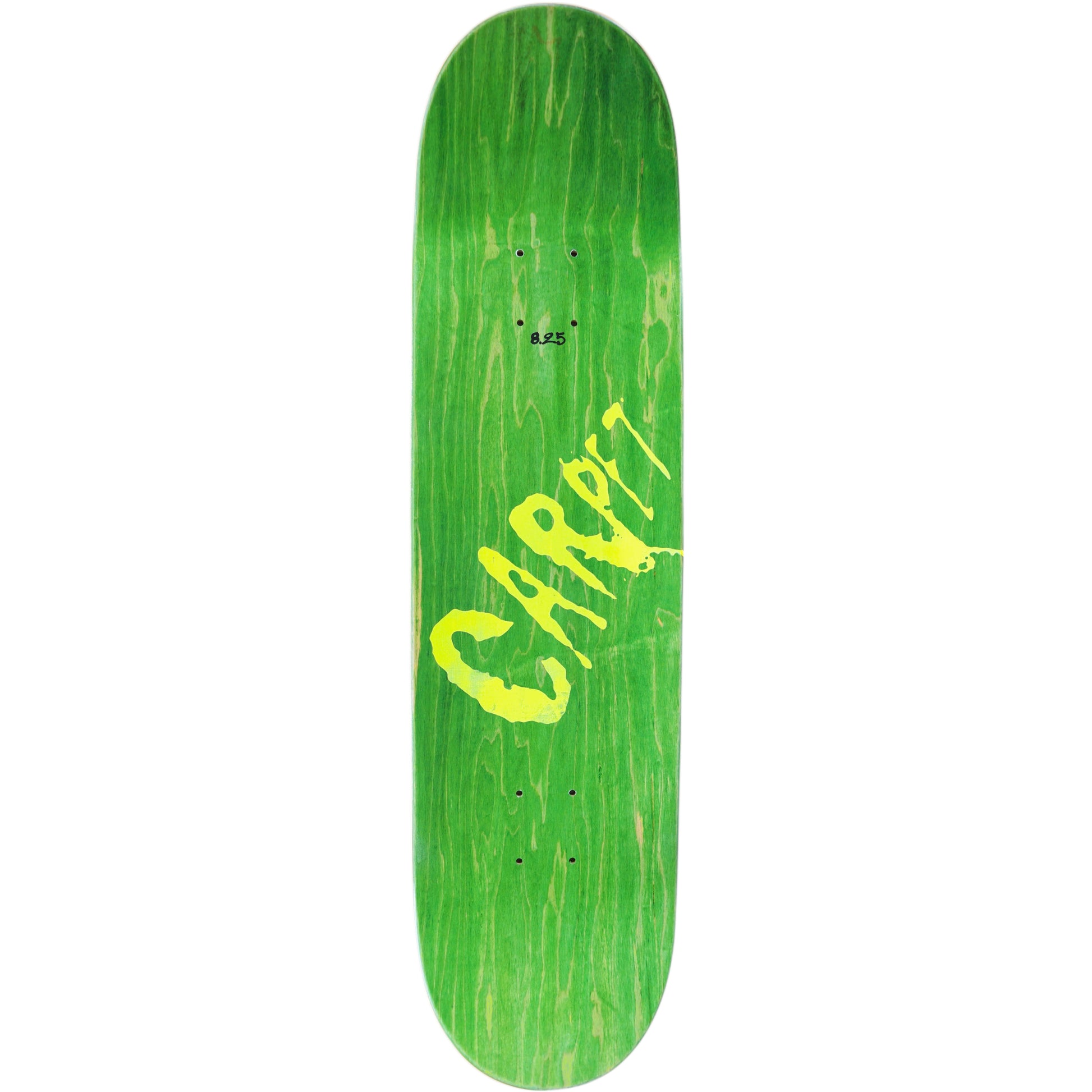 Green skateboard deck with yellow text on a white background