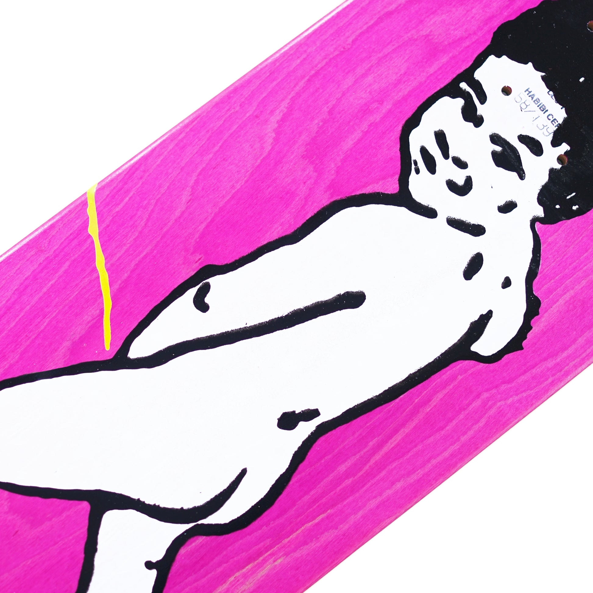 Black line drawing of a nude figure on a pink background