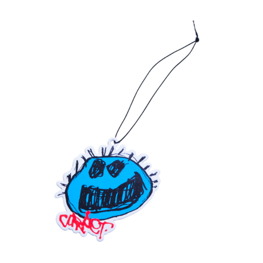 Hand-drawn blue character with a black mouth and red 'CANDY' text on a white background