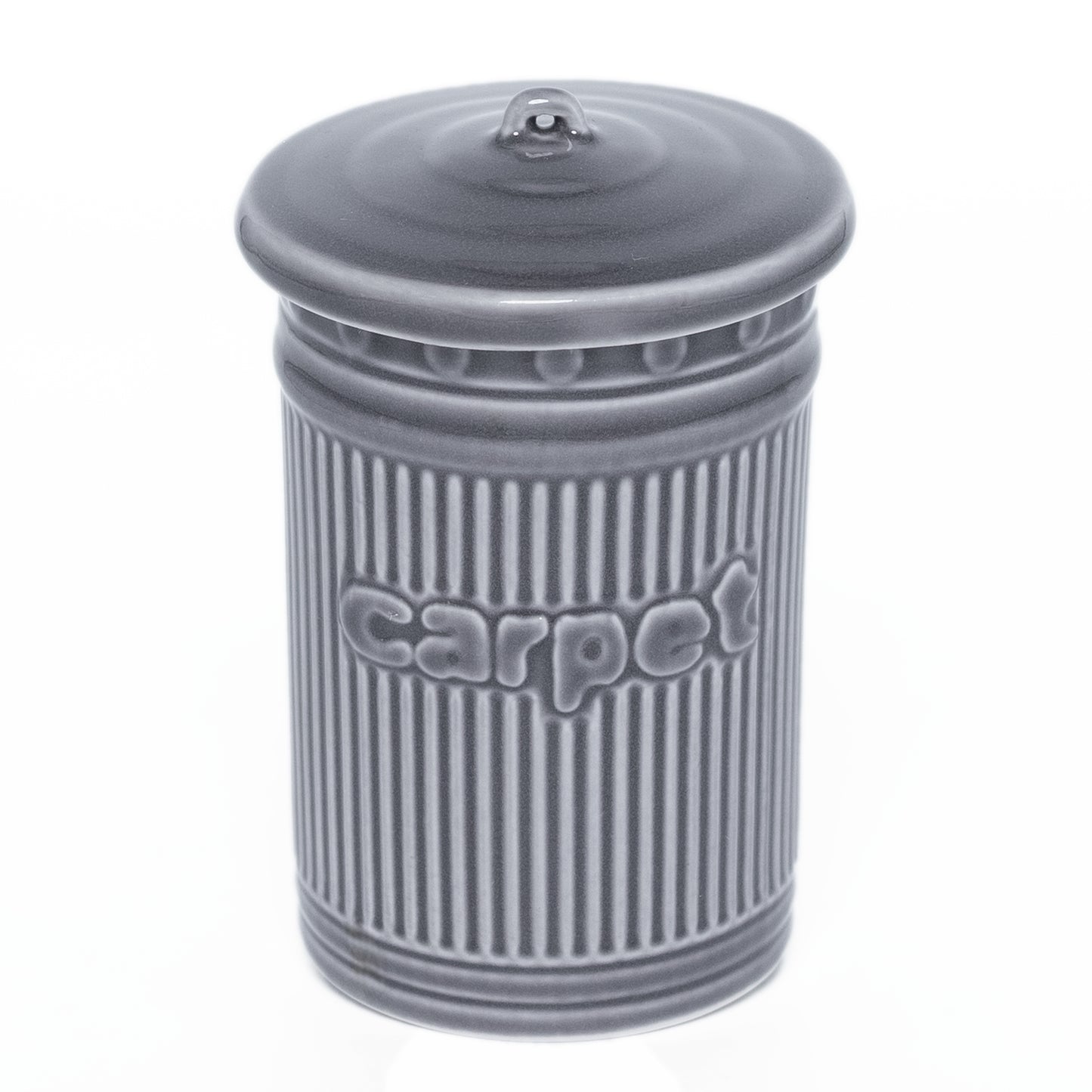 Gray ceramic jar with striped design and 'carpet' branding on a white background