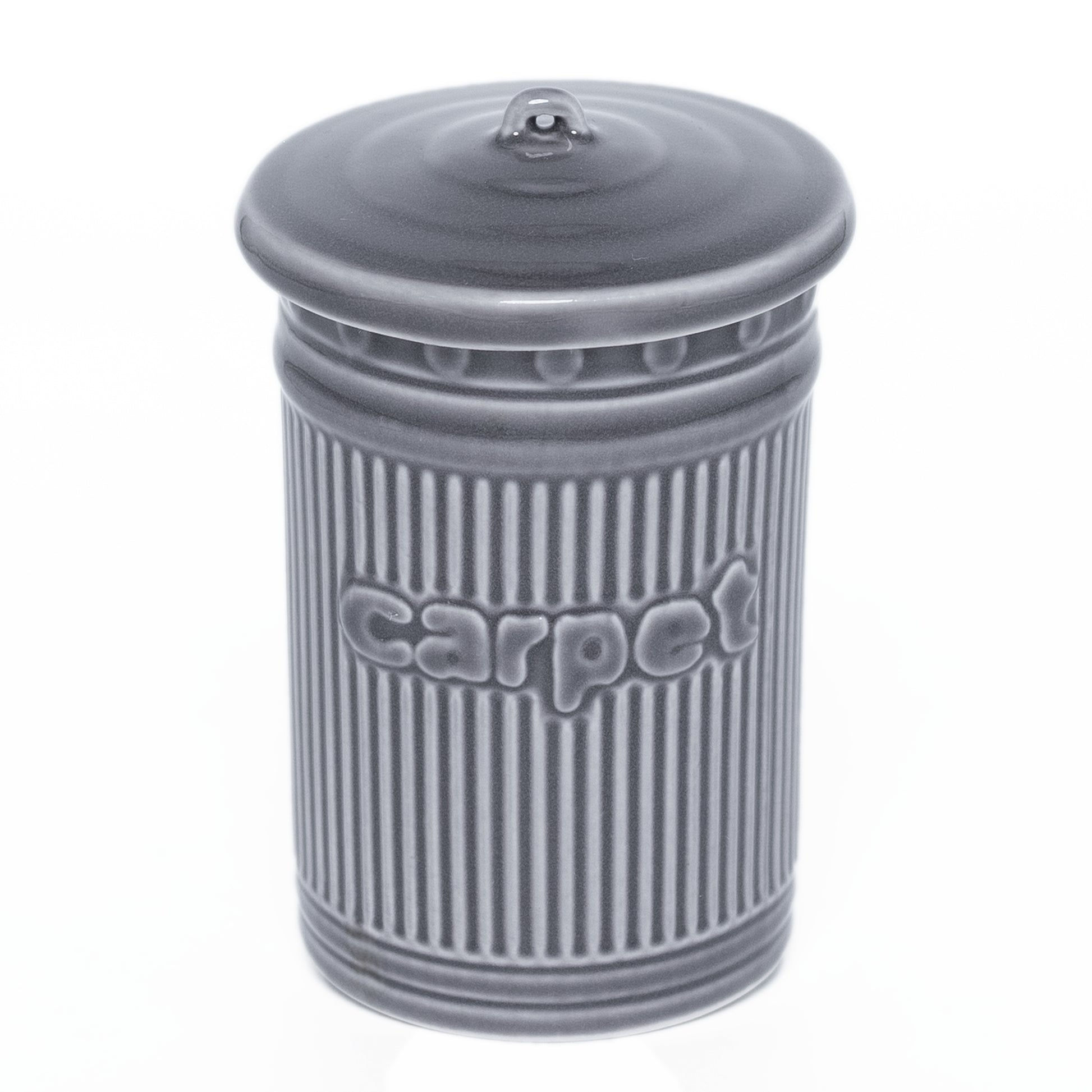 Gray ceramic jar with striped design and 'carpet' branding on a white background