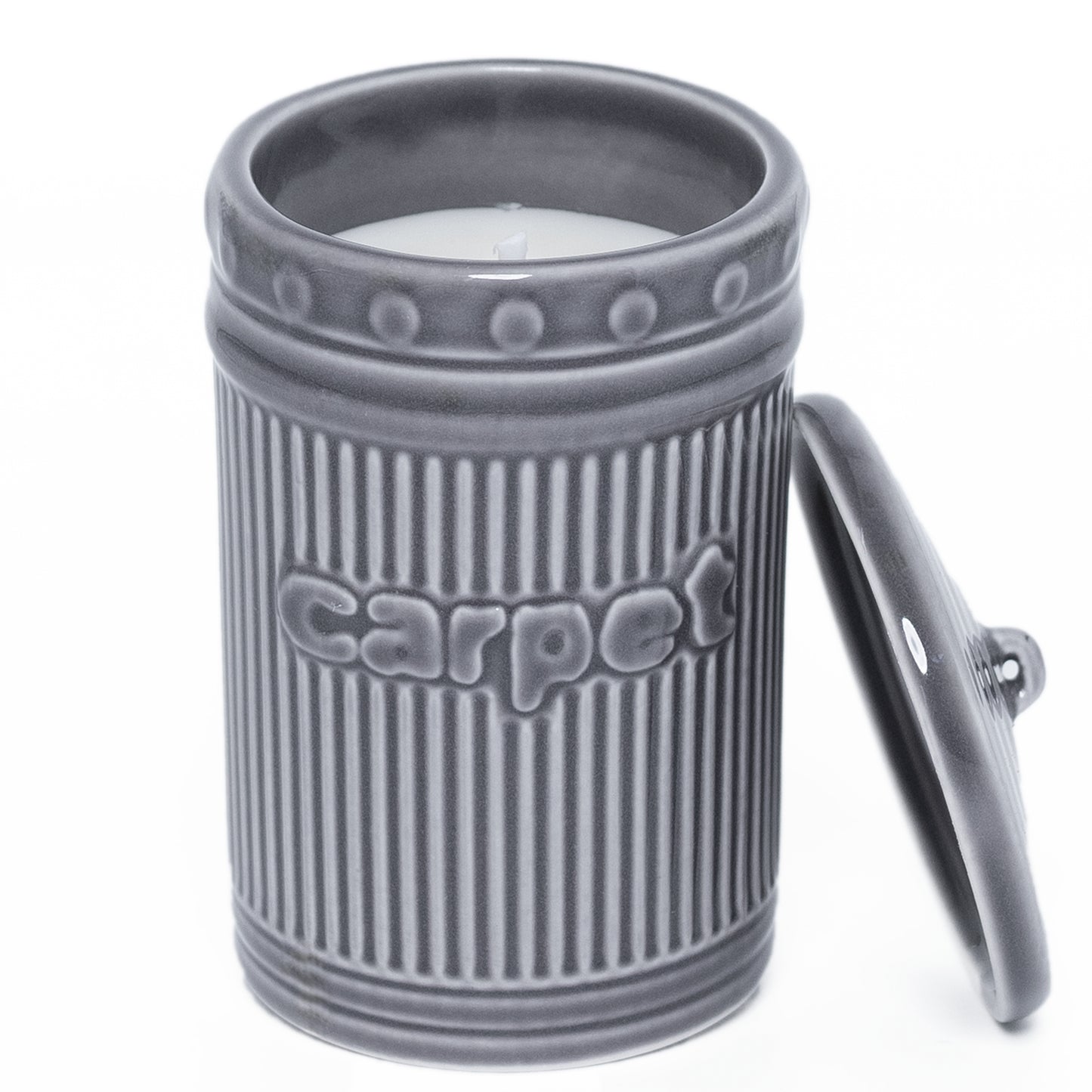Gray cylindrical container with 'carpet' branding on a white background
