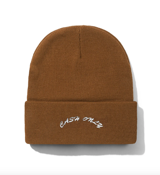 Brown beanie with 'Cash Only' embroidery on a white background