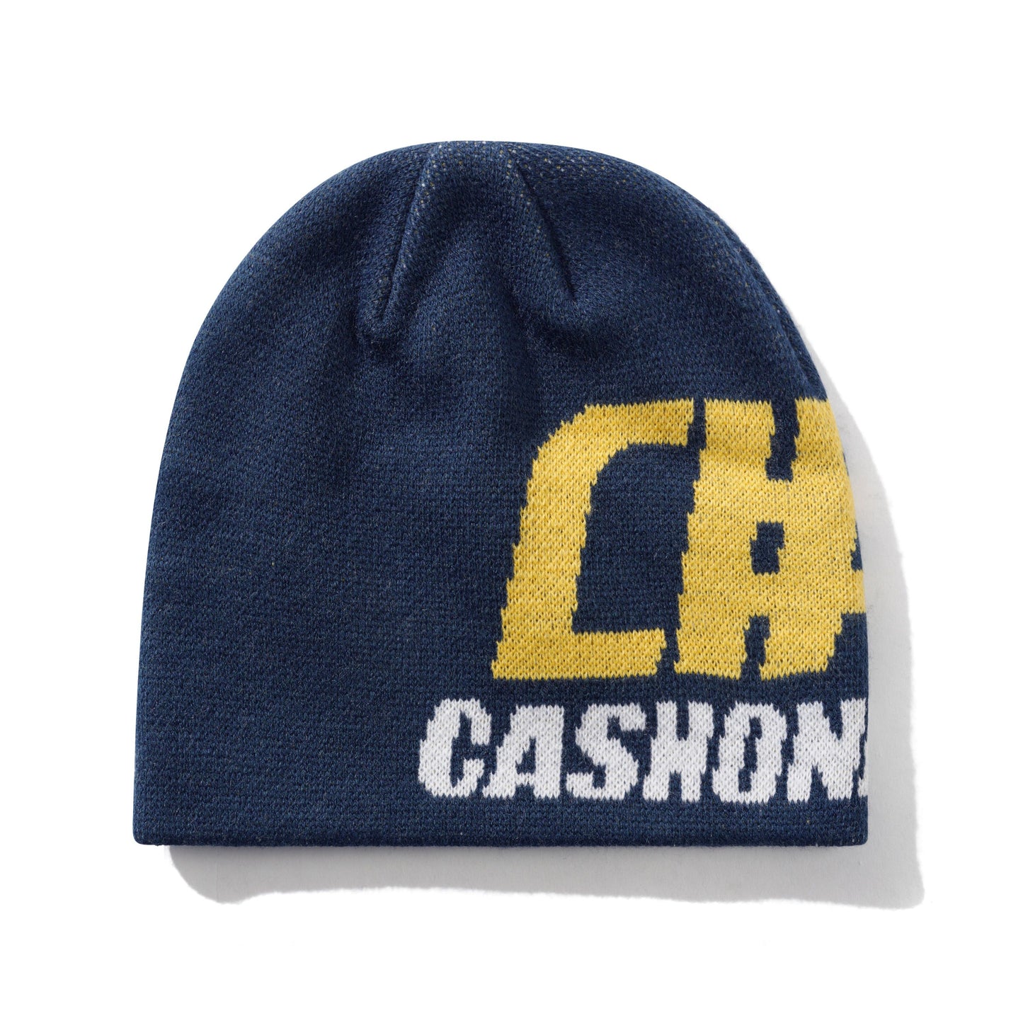 Blue beanie with yellow and white text on a white background