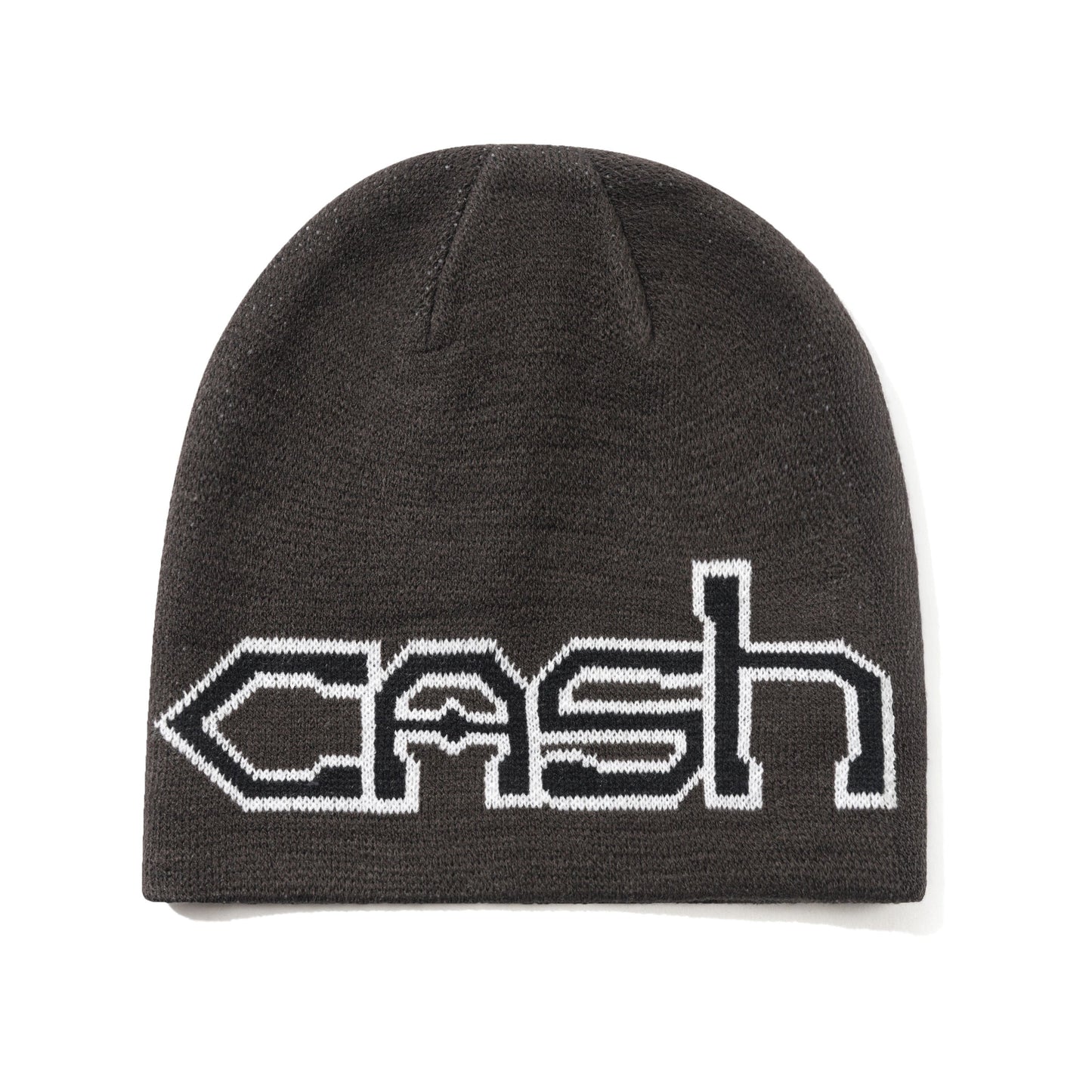 A dark charcoal gray knit beanie featuring the word 'cash' knitted in white and black across the front, displayed on a clean white background.