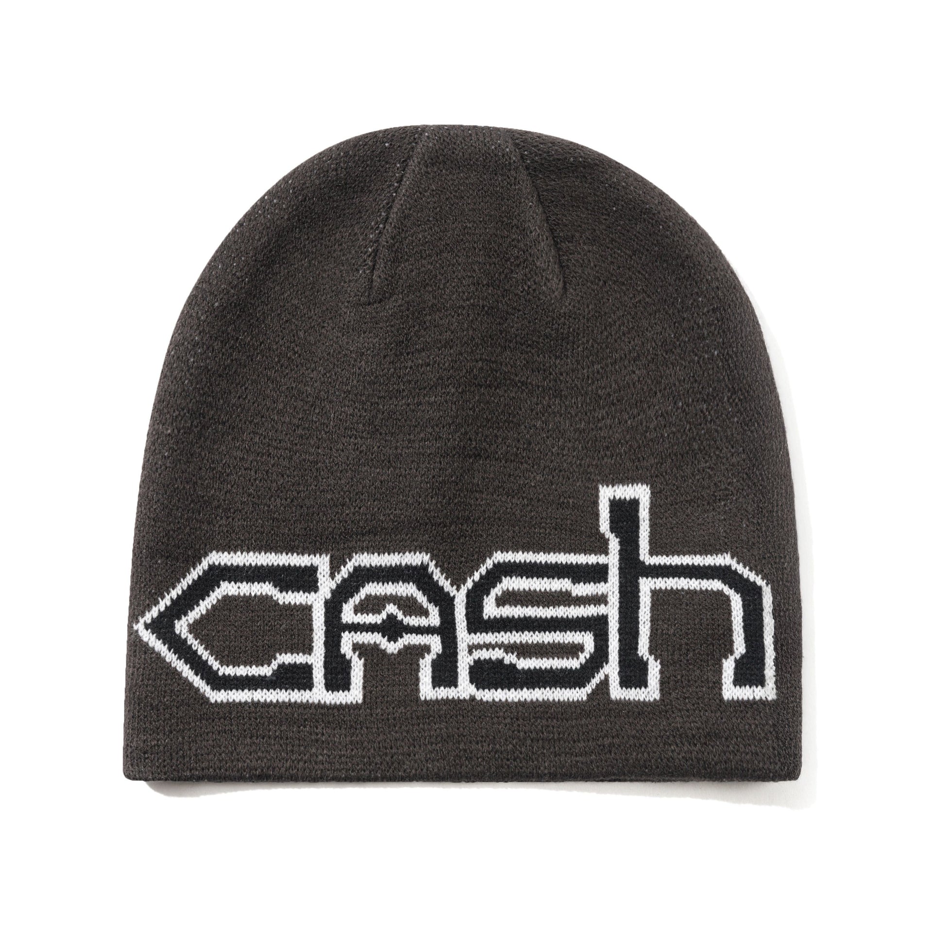 A dark charcoal gray knit beanie featuring the word 'cash' knitted in white and black across the front, displayed on a clean white background.