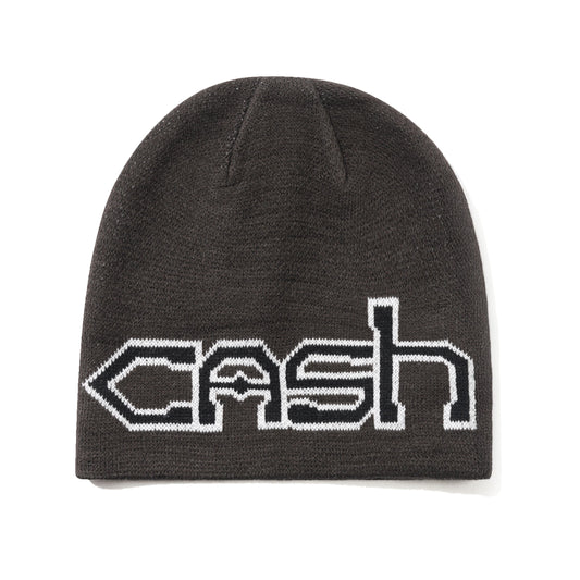 A dark charcoal gray knit beanie featuring the word 'cash' knitted in white and black across the front, displayed on a clean white background.