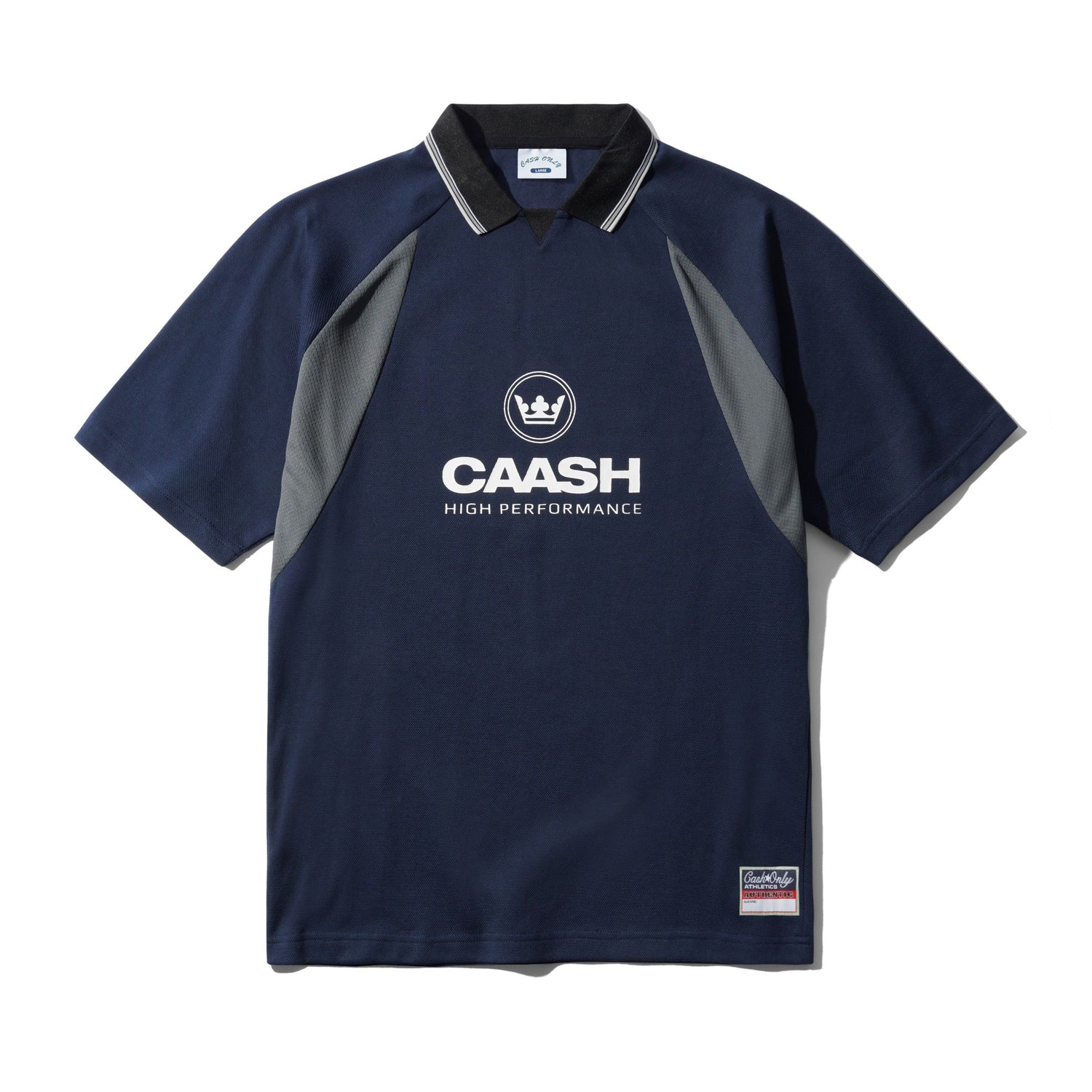 Navy and gray sports shirt with 'CAASH High Performance' logo on a white background