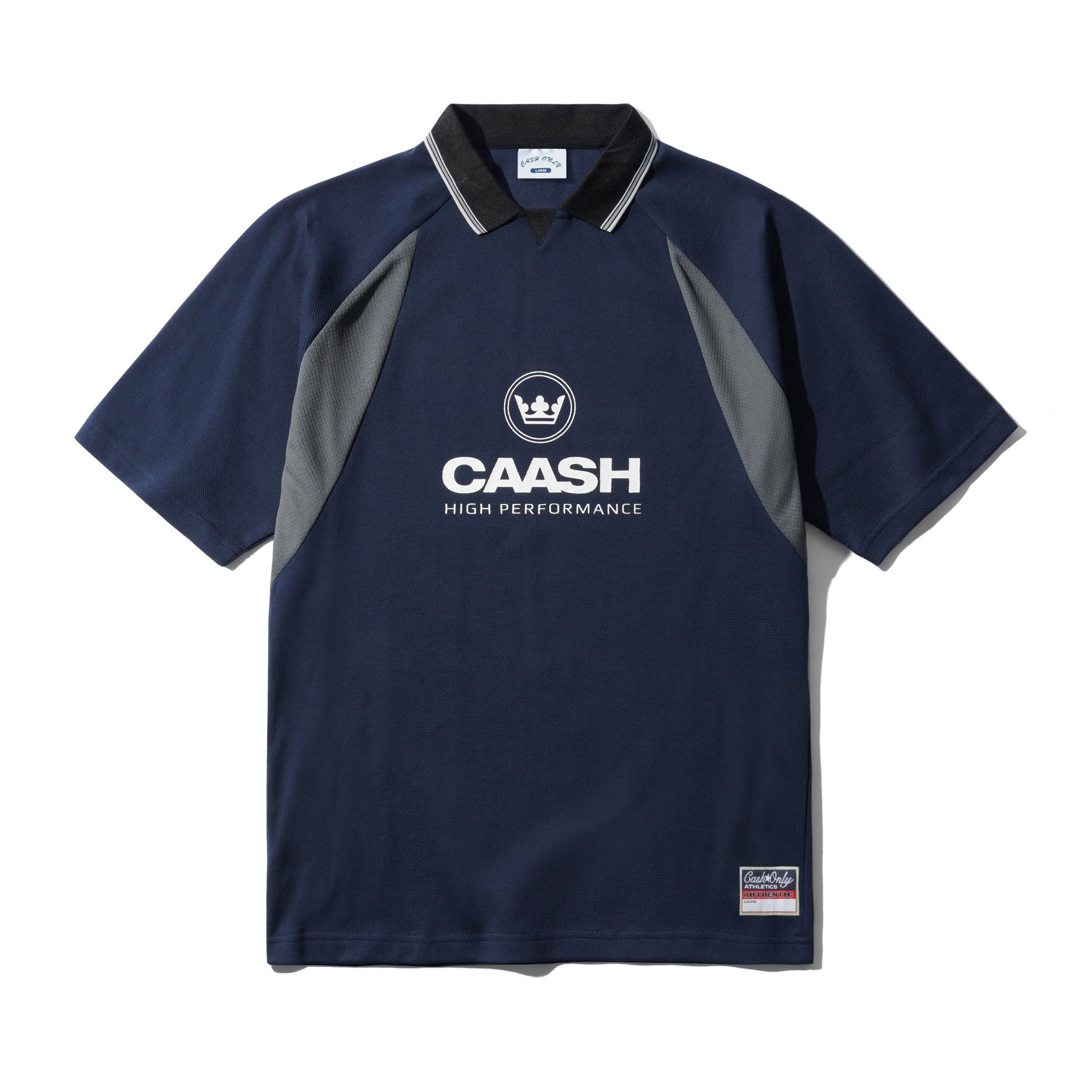 Navy and gray sports shirt with 'CAASH High Performance' logo on a white background