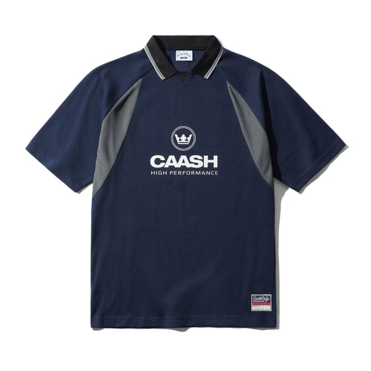 Navy and gray sports shirt with 'CAASH High Performance' logo on a white background
