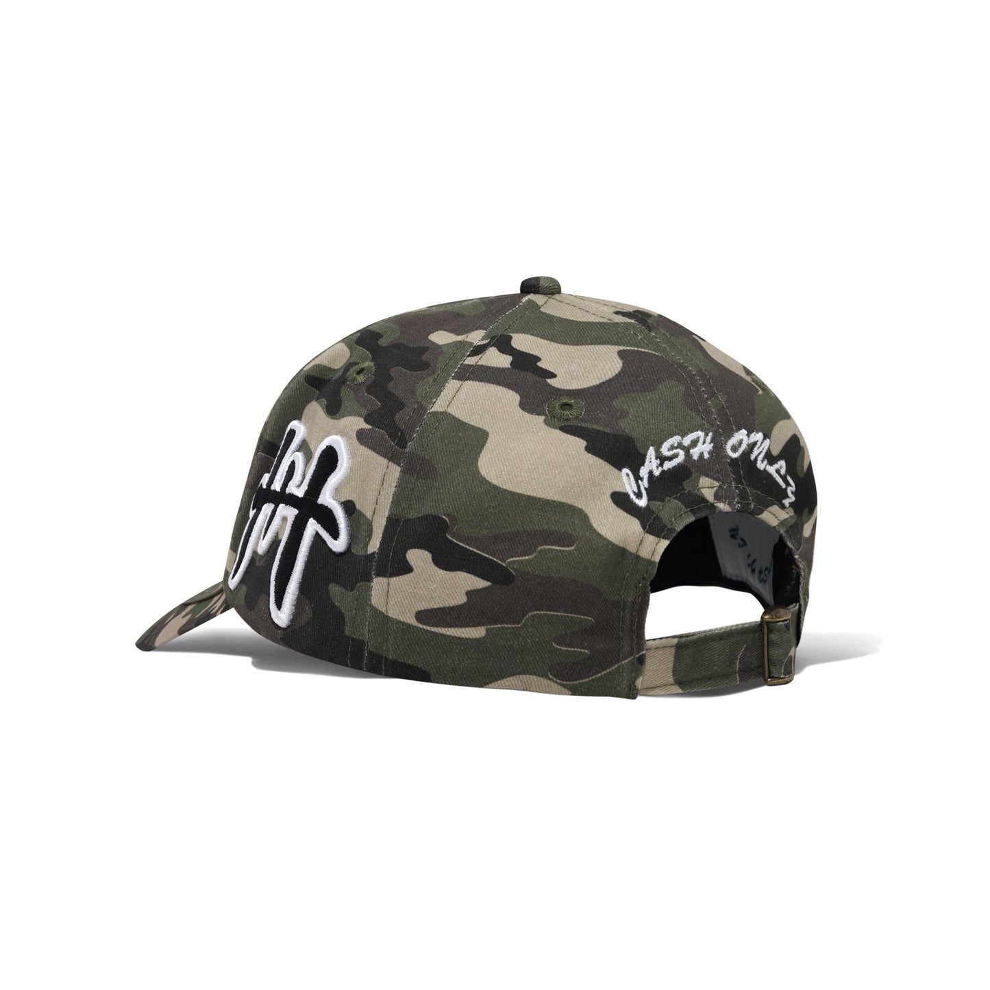 A camouflage baseball cap with white script embroidery on the side, shown from a three-quarters angle on a white background.