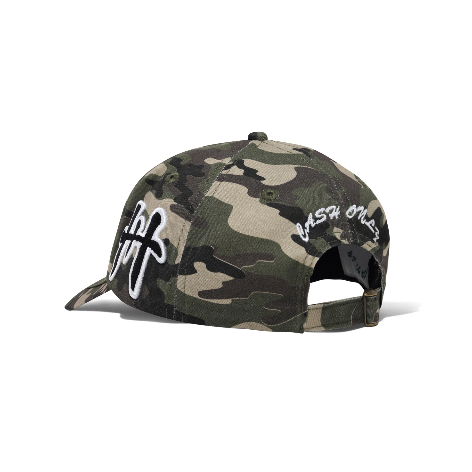A camouflage baseball cap with white script embroidery on the side, shown from a three-quarters angle on a white background.
