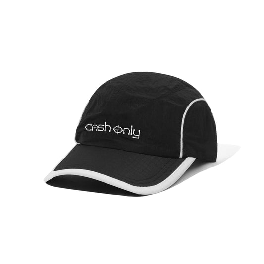 A black 5-panel running cap with a curved brim, featuring a white embroidered 'cashonly' logo on the front and white piping along the edge of the brim, shown on a clean white background.