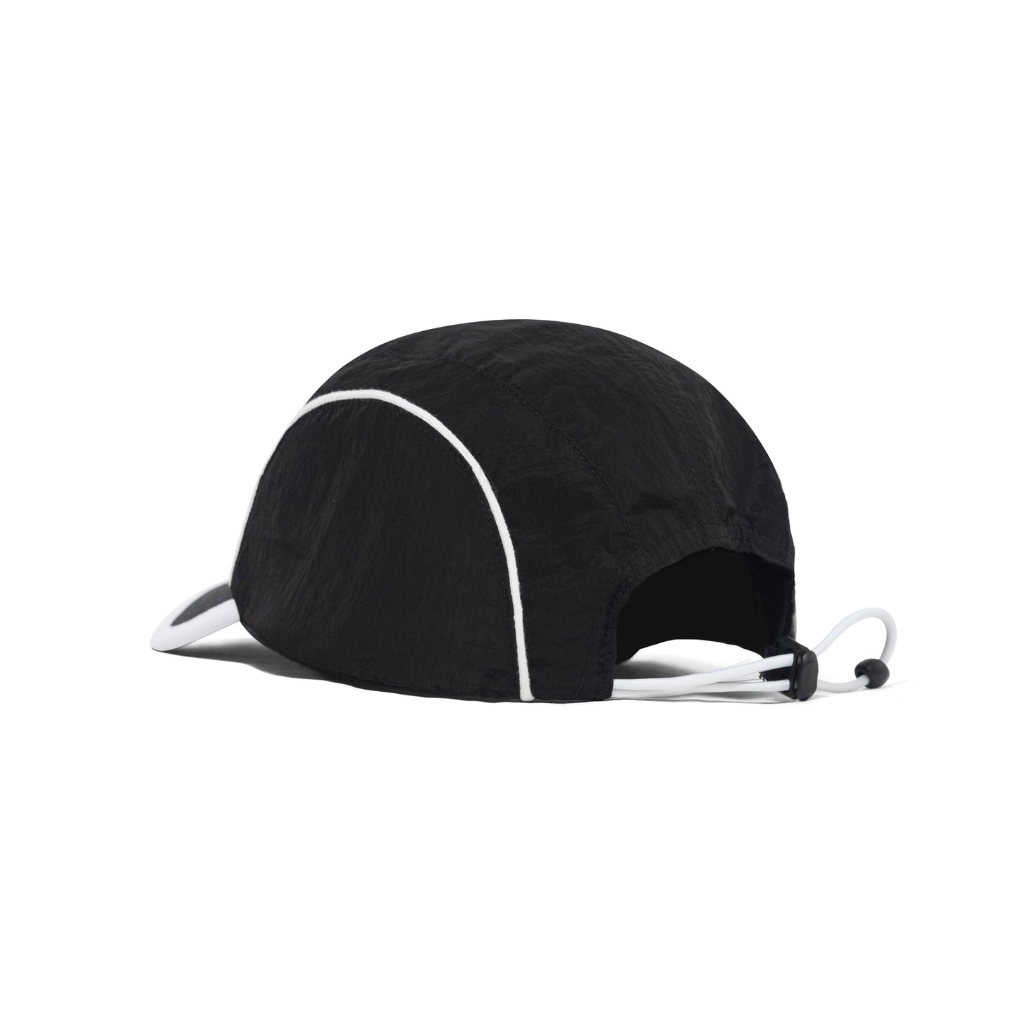 A black dome-shaped sun shield with white piping and white chin straps, shown from a side profile on a white background.
