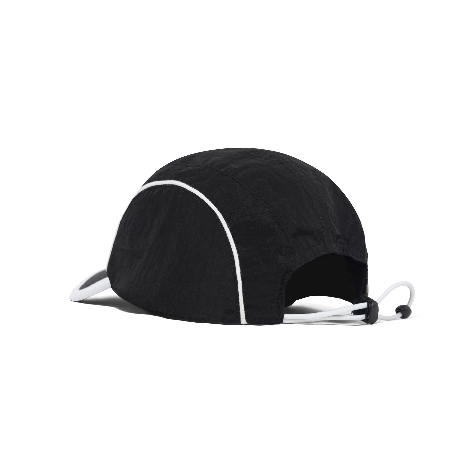 A black dome-shaped sun shield with white piping and white chin straps, shown from a side profile on a white background.