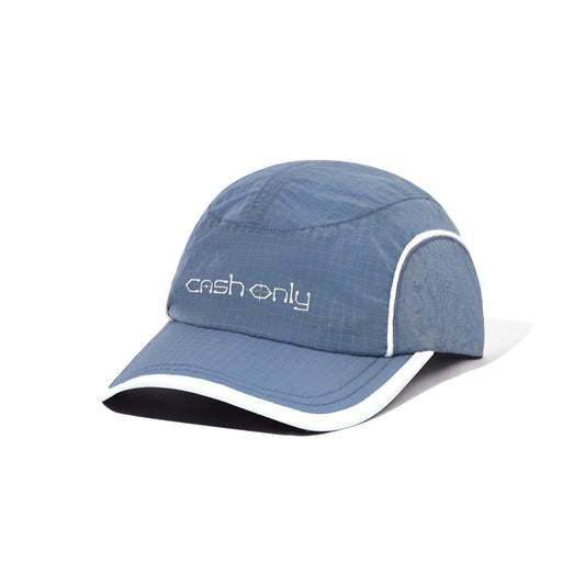 A blue running cap with white piping and the 'cash only' logo embroidered on the front, shown on a clean white background.