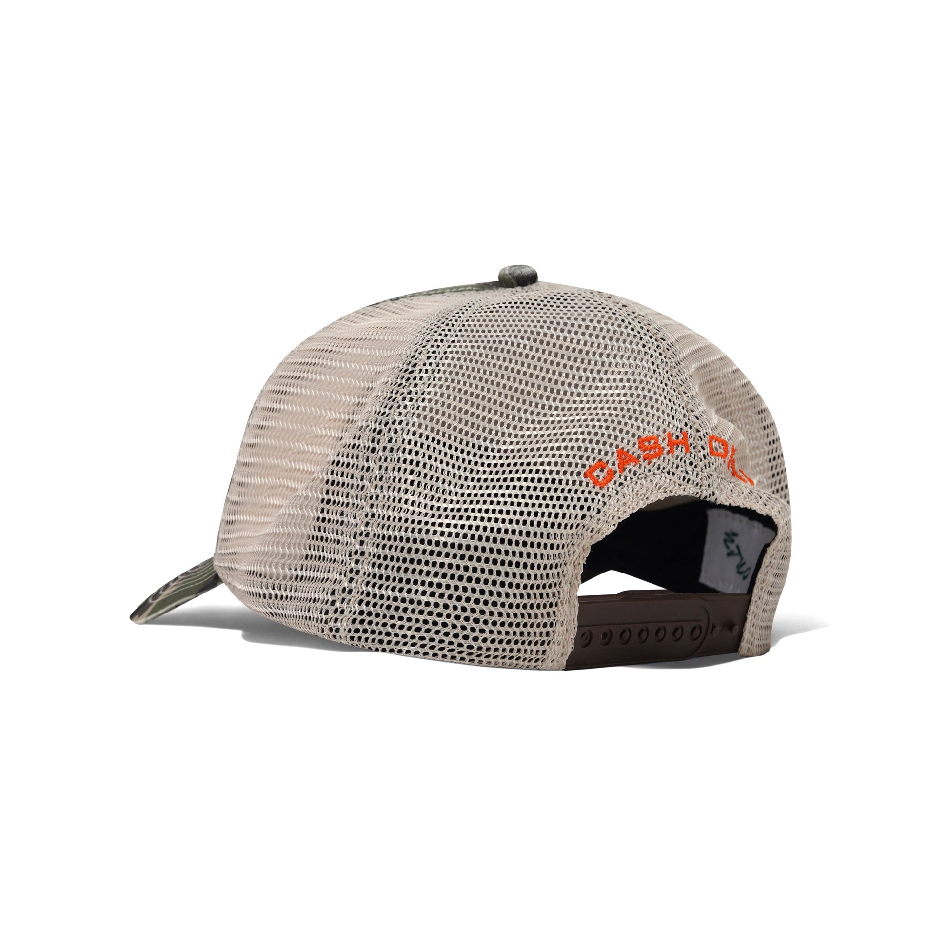 A beige mesh trucker cap shown from a three-quarters back view, featuring orange embroidered 'KASKI' branding on the side and a dark brown adjustable strap.