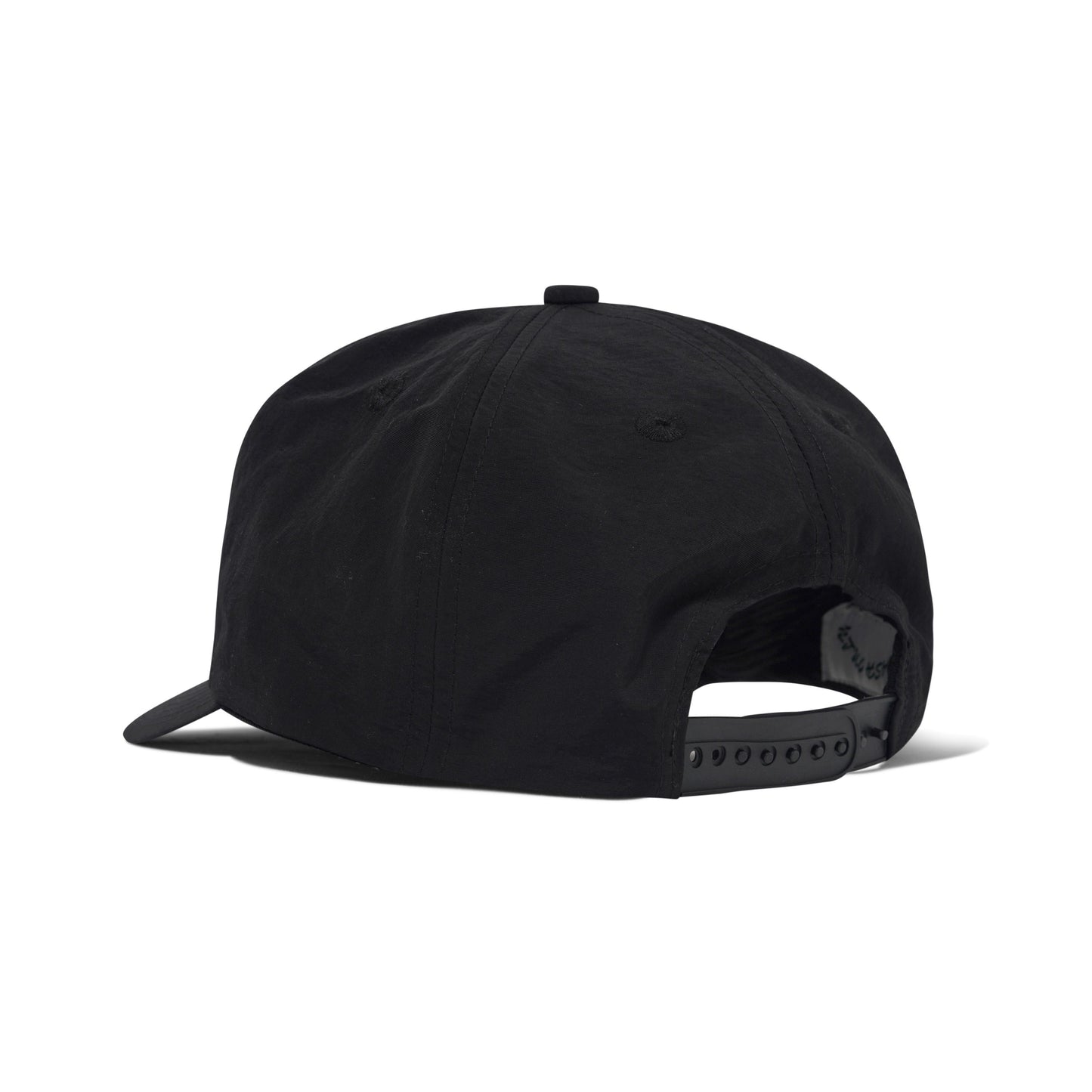 A black snapback cap shown from a rear three-quarter angle on a clean white background.