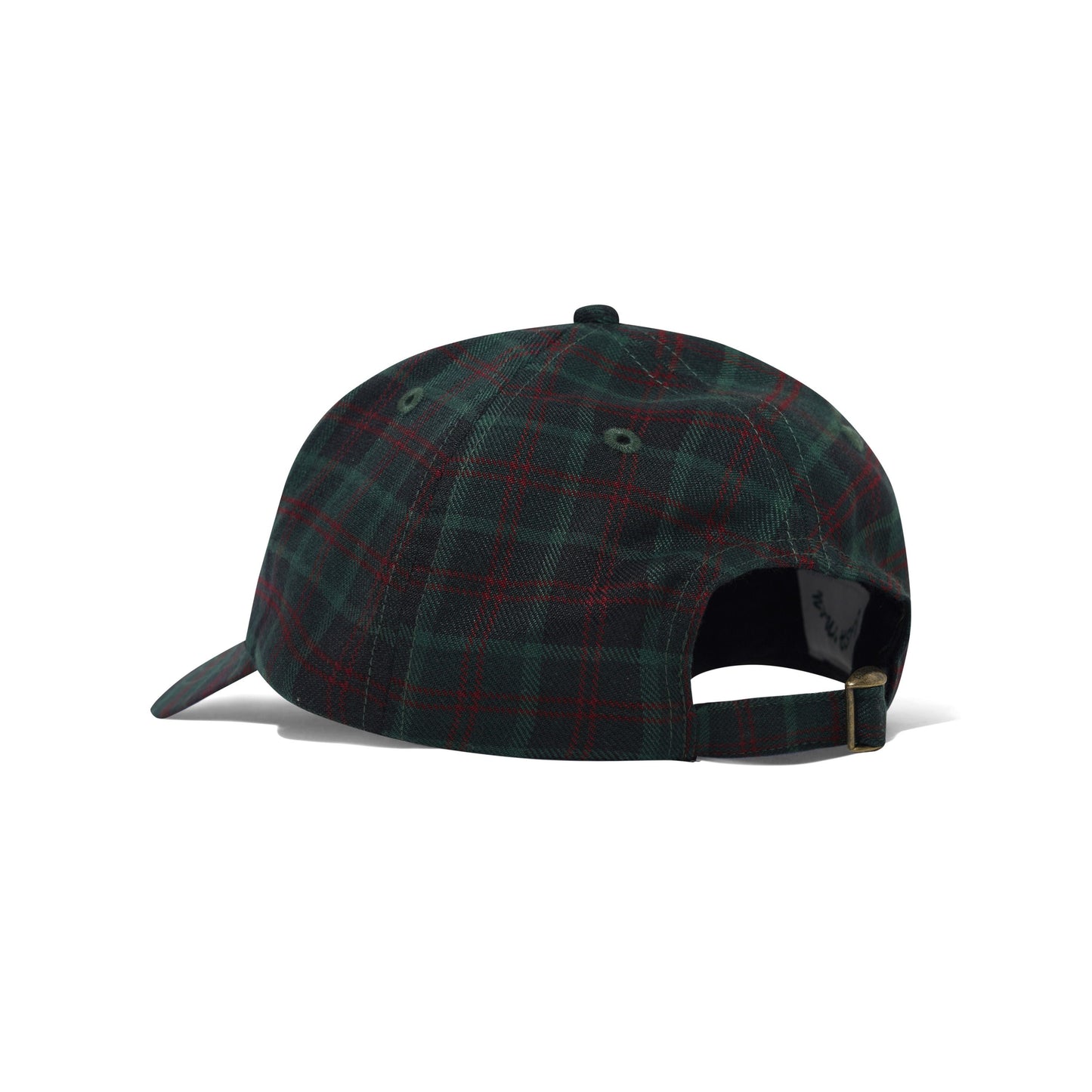 A structured baseball cap in a dark green and red tartan plaid pattern, shown from a three-quarters rear angle with its adjustable strap and metal buckle visible, set against a plain white background.