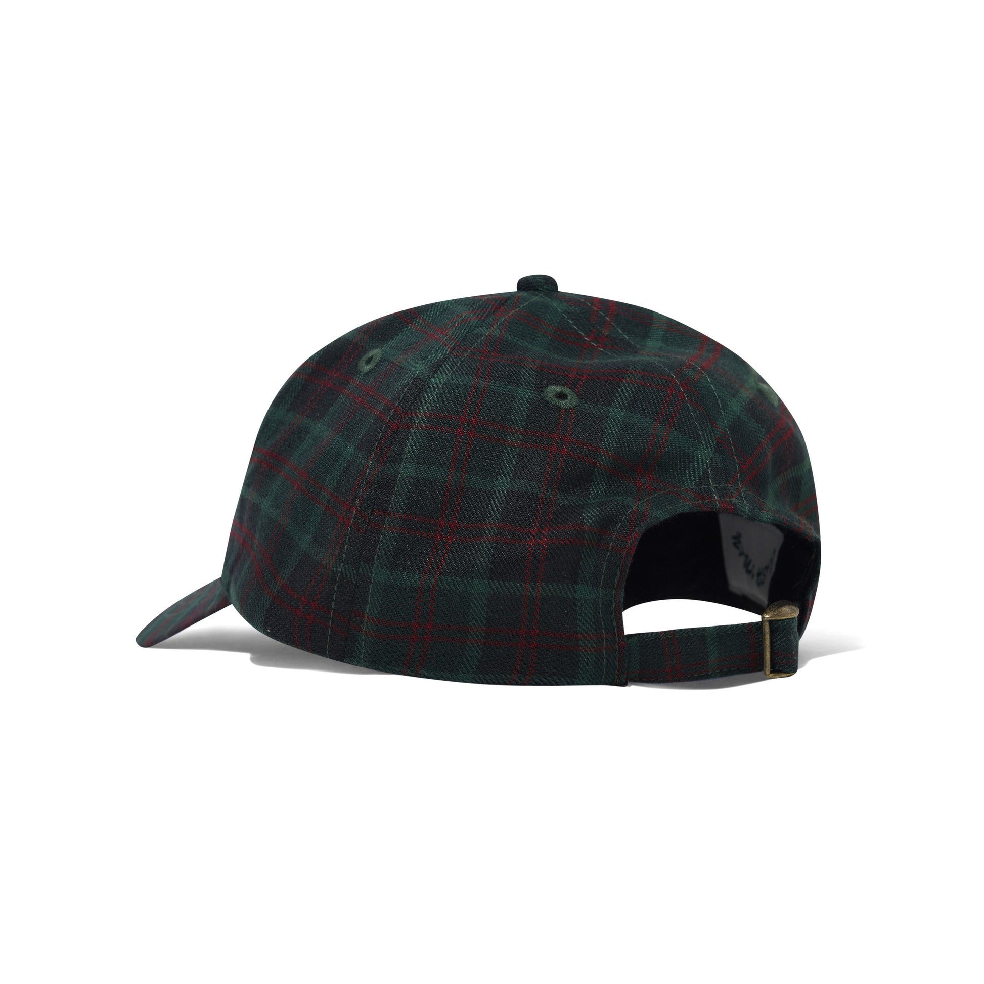 A structured baseball cap in a dark green and red tartan plaid pattern, shown from a three-quarters rear angle with its adjustable strap and metal buckle visible, set against a plain white background.