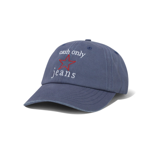 A blue denim baseball cap with embroidered text reading 'cash only jeans' in white, and a red star outline on the front, shown on a white background.