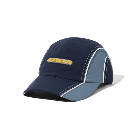Navy and gray cap with a logo on a white background
