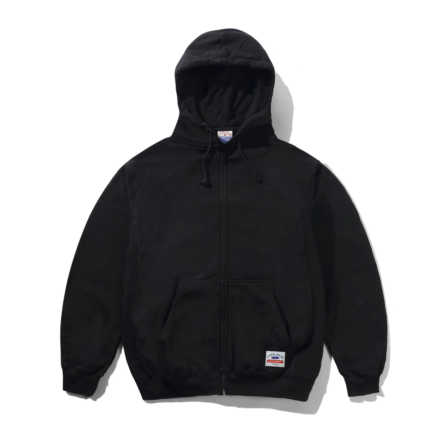 Black hoodie with a brand logo on a white background