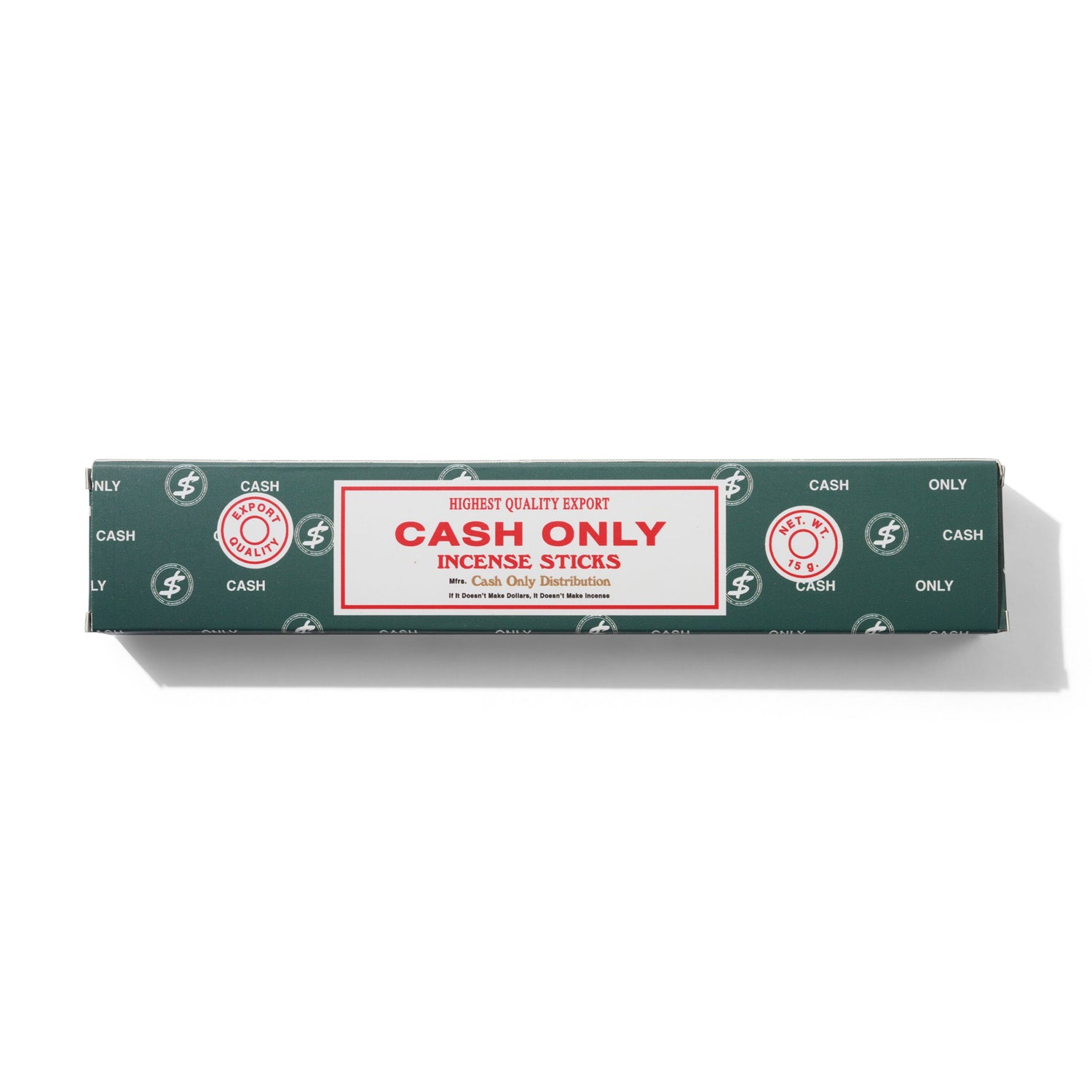 Box of 'Cash Only' incense sticks with green and red design on a white background