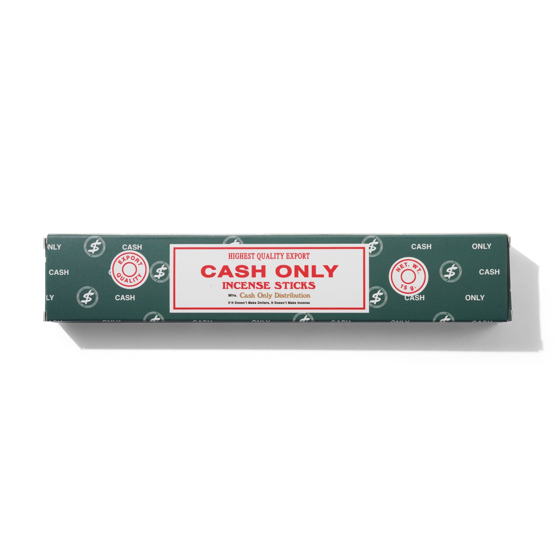 Box of 'Cash Only' incense sticks with green and red design on a white background