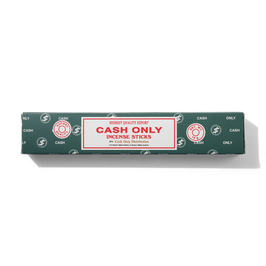 Box of 'Cash Only' incense sticks with green and red design on a white background