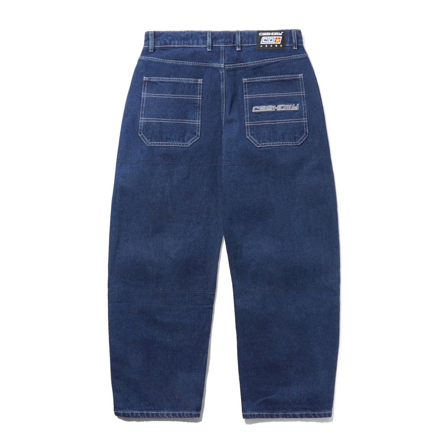 Back view of dark blue denim jeans with contrast stitching, featuring two back pockets with 'CIBN' branding on the right pocket and a CIBN label at the waistband.