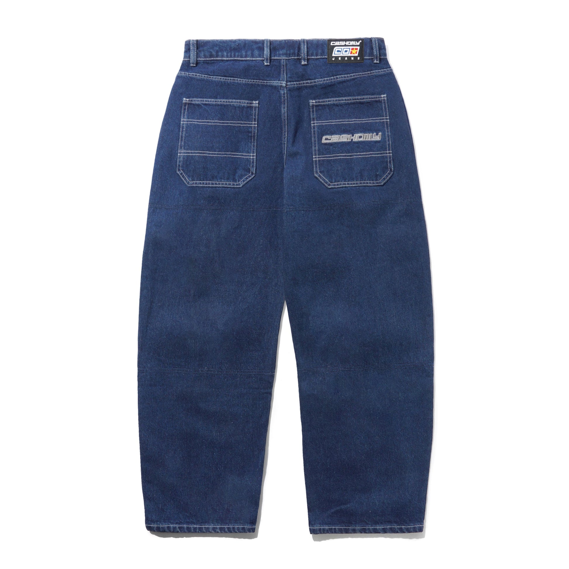 Back view of dark blue denim jeans with contrast stitching, featuring two back pockets with 'CIBN' branding on the right pocket and a CIBN label at the waistband.
