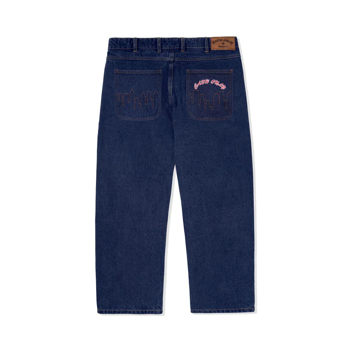 Blue jeans with brand logo on the back pocket against a white background