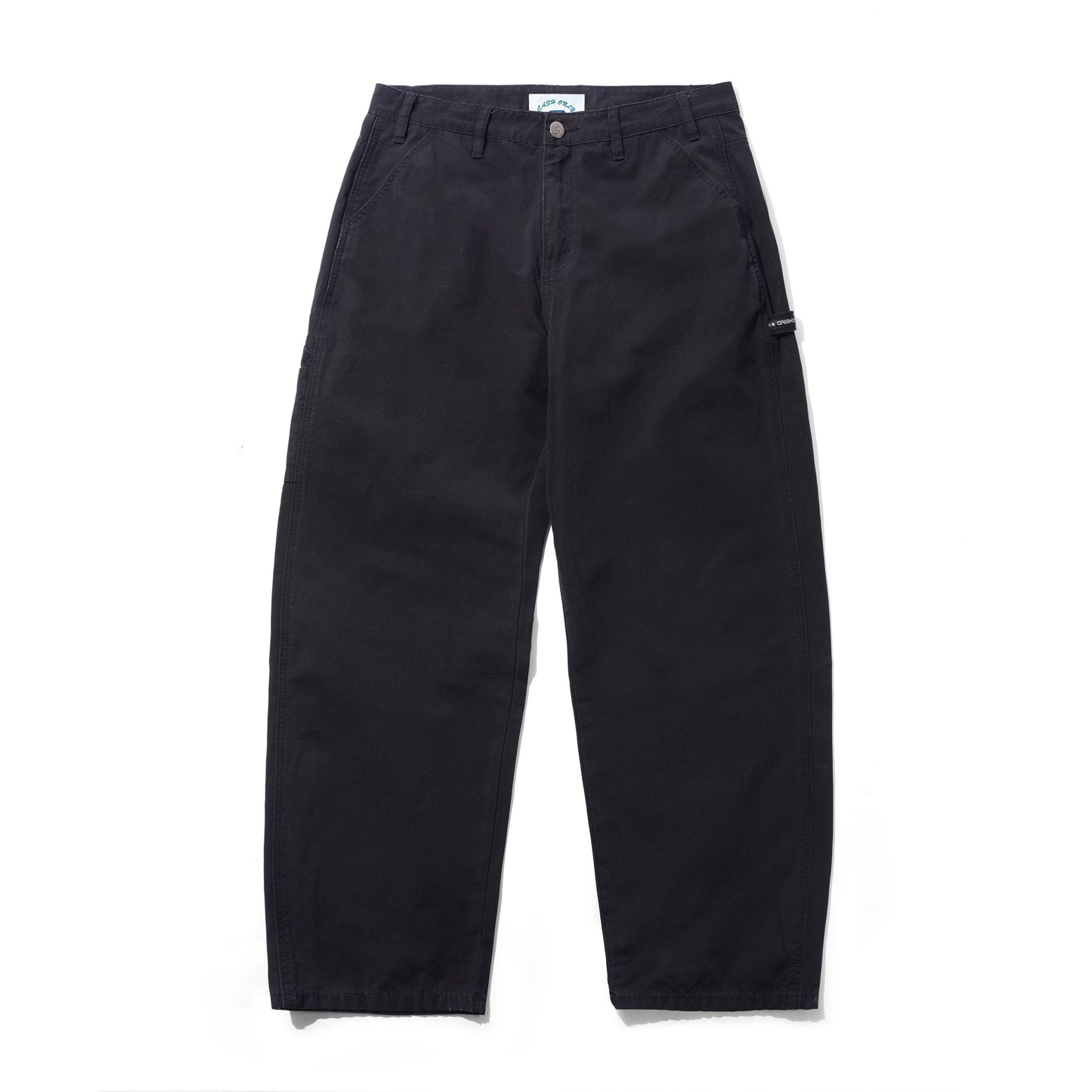 Black chino pants shown flat against a white background, featuring a button closure, belt loops, and a small white brand tag on the side pocket.