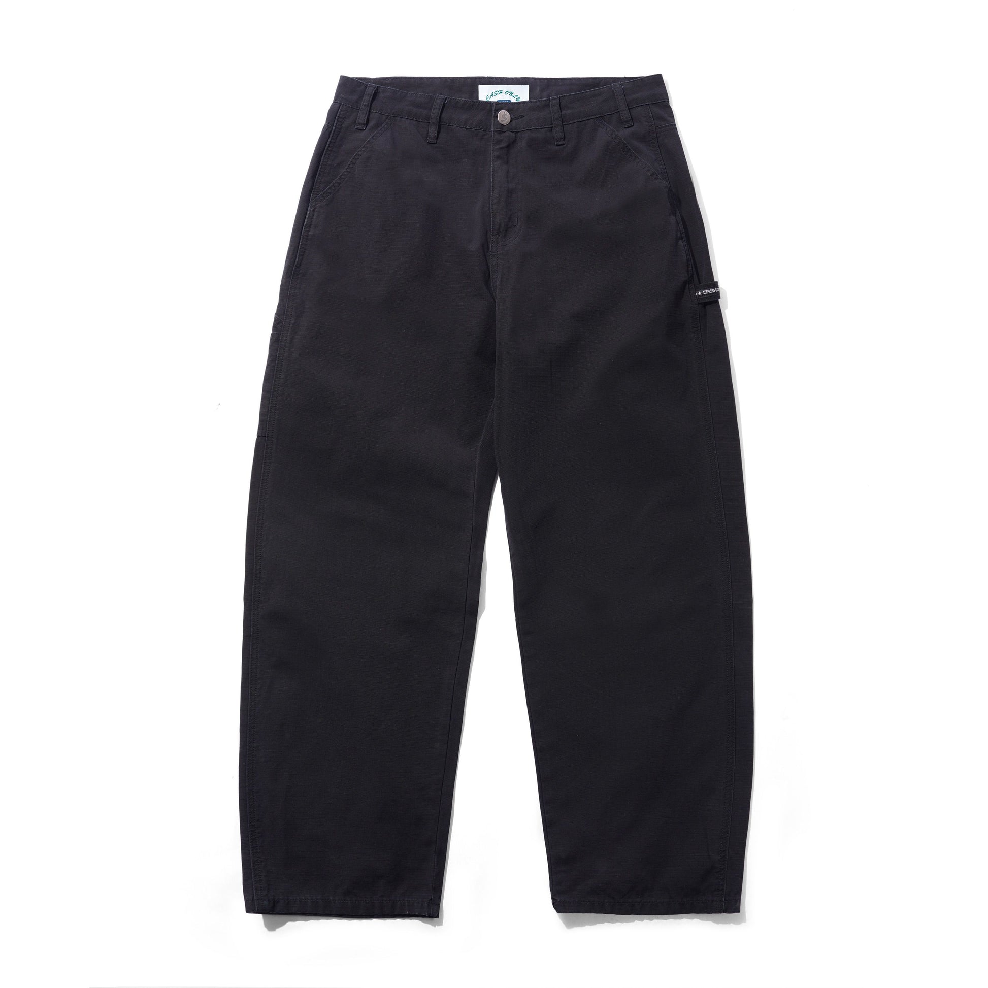 Black chino pants shown flat against a white background, featuring a button closure, belt loops, and a small white brand tag on the side pocket.