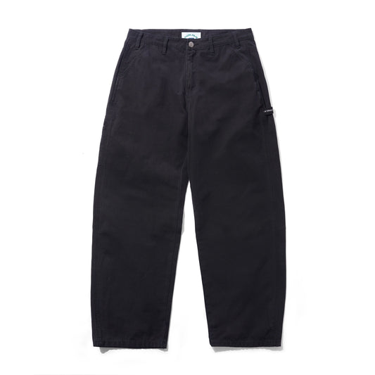 Black chino pants shown flat against a white background, featuring a button closure, belt loops, and a small white brand tag on the side pocket.