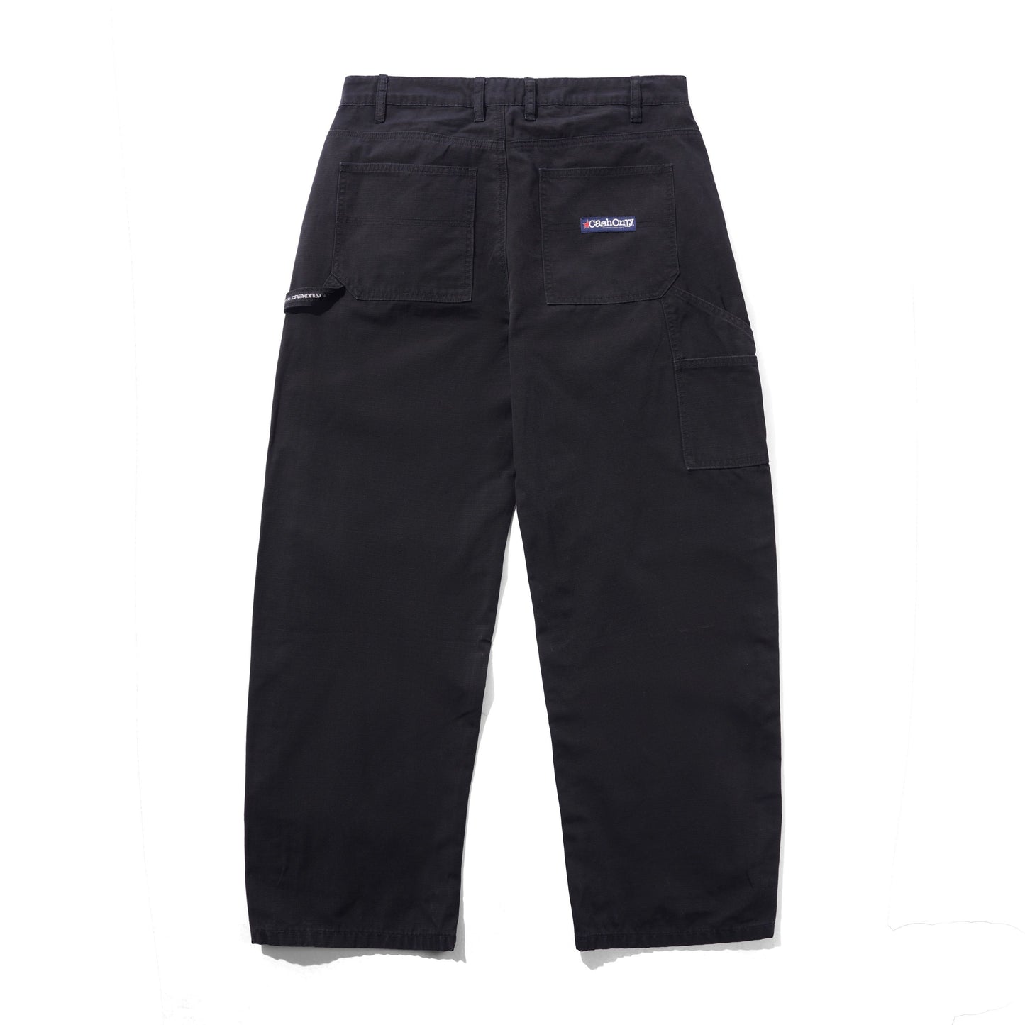 Black cargo pants with multiple utility pockets, shown from the back on a white background. A small purple and white 'YONMOK' brand patch is visible on the upper right pocket.