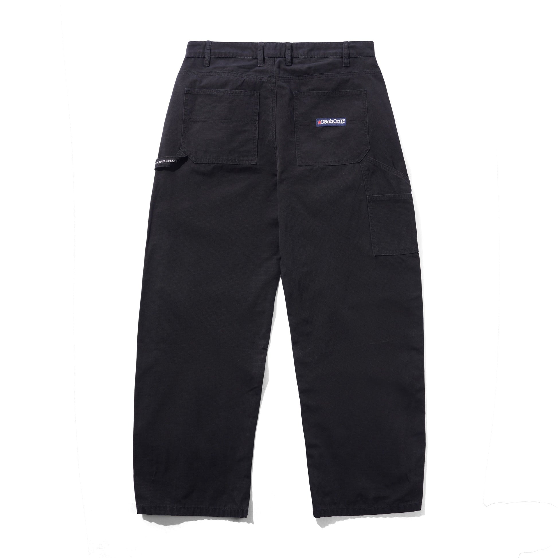 Black cargo pants with multiple utility pockets, shown from the back on a white background. A small purple and white 'YONMOK' brand patch is visible on the upper right pocket.