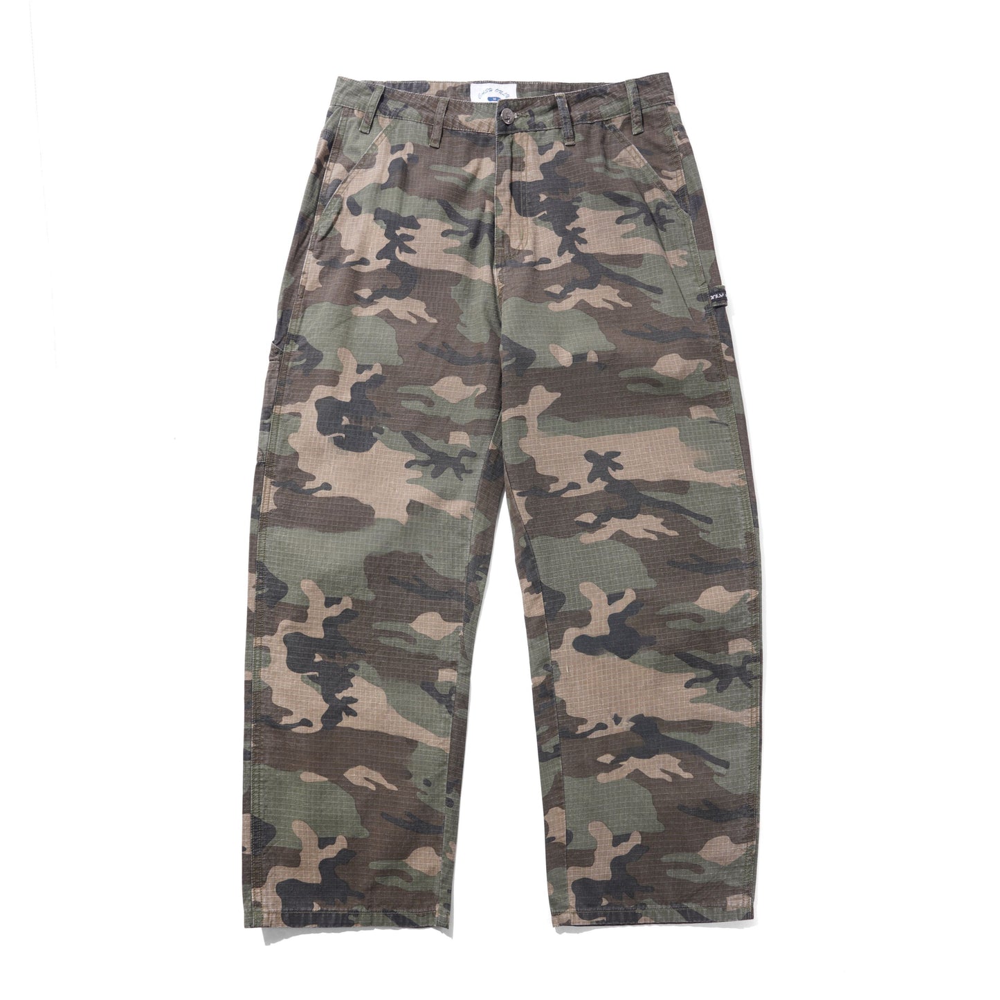 A pair of camouflage cargo pants in a classic woodland camo pattern, laid flat against a solid white background.