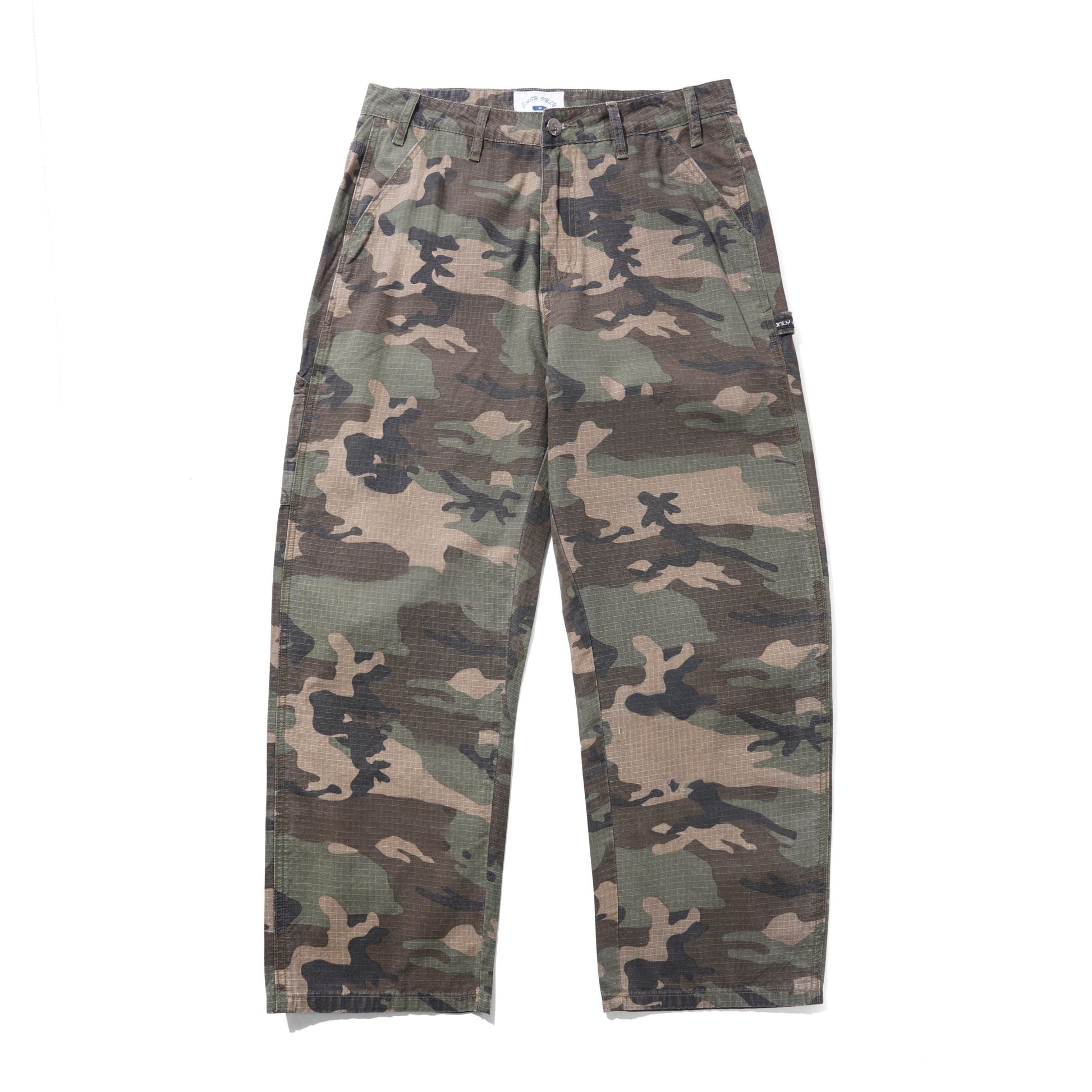 A pair of camouflage cargo pants in a classic woodland camo pattern, laid flat against a solid white background.