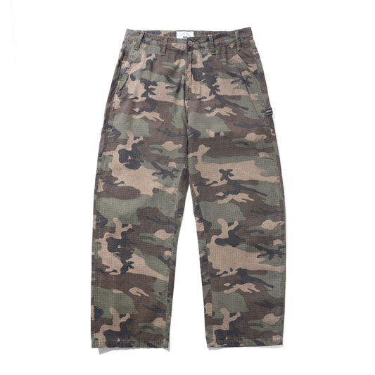 A pair of camouflage cargo pants in a classic woodland camo pattern, laid flat against a solid white background.